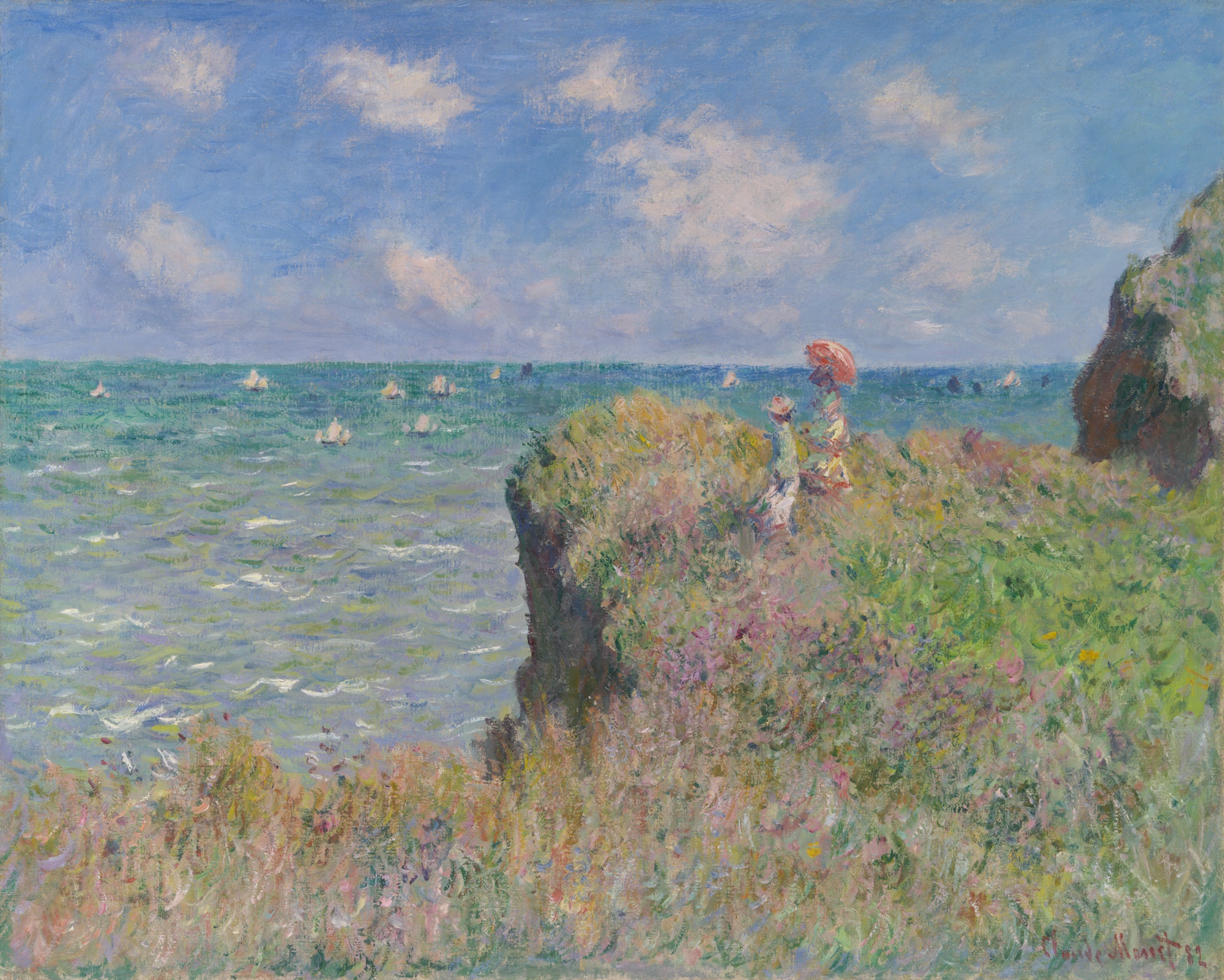 Monet's Cliff Walk at Pourville: figures on a wind-blown headland above a turquoise sea.