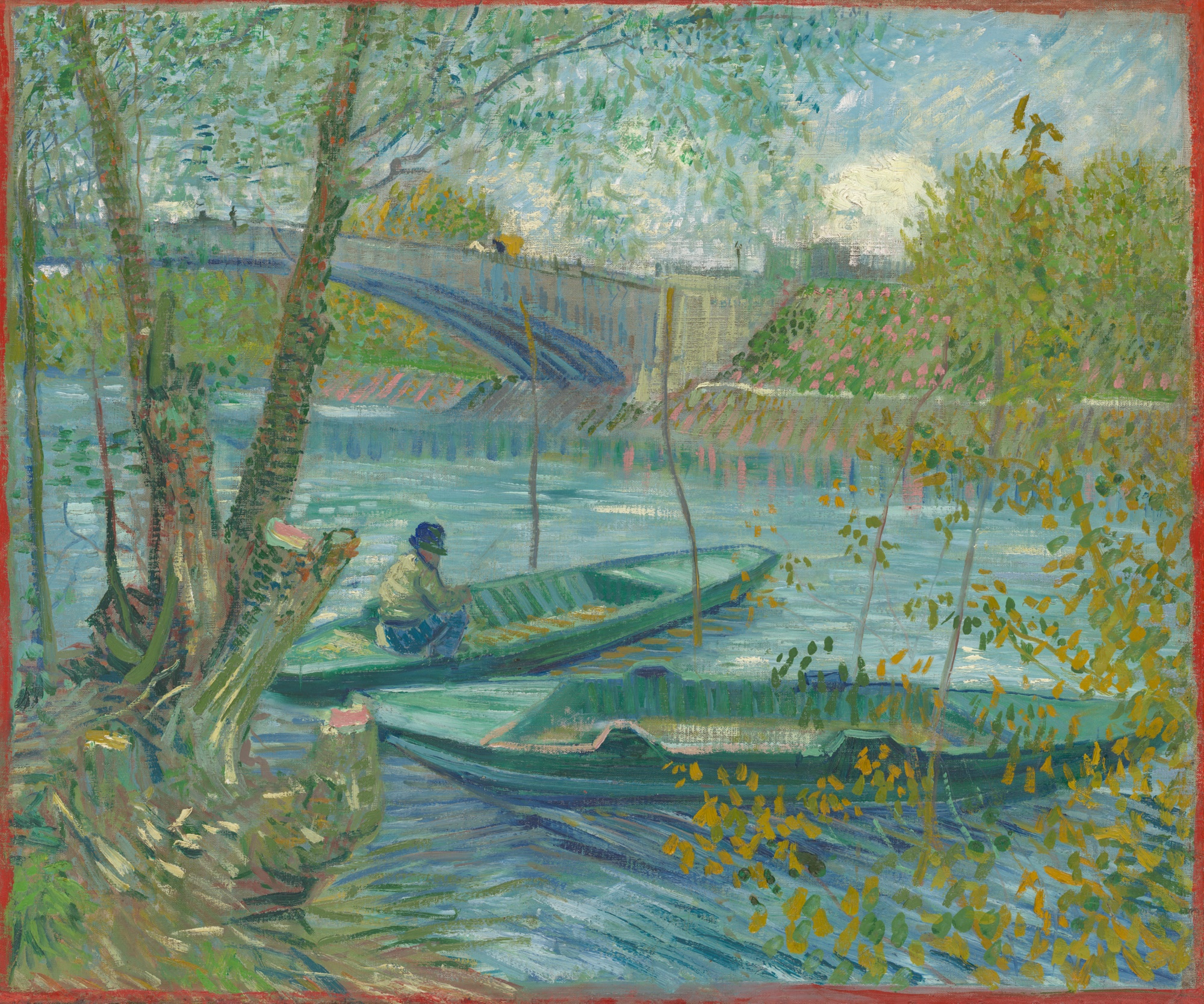 Van Gogh's Fishing in Spring: a luminous blue river and green banks under a soft spring sky.